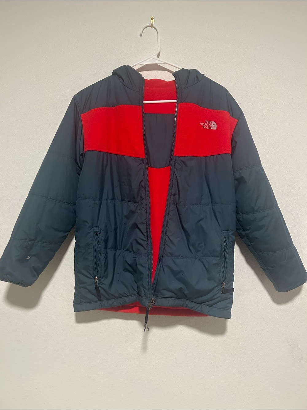 The North Face Kids Navy and Red Hooded Puffer Jacket